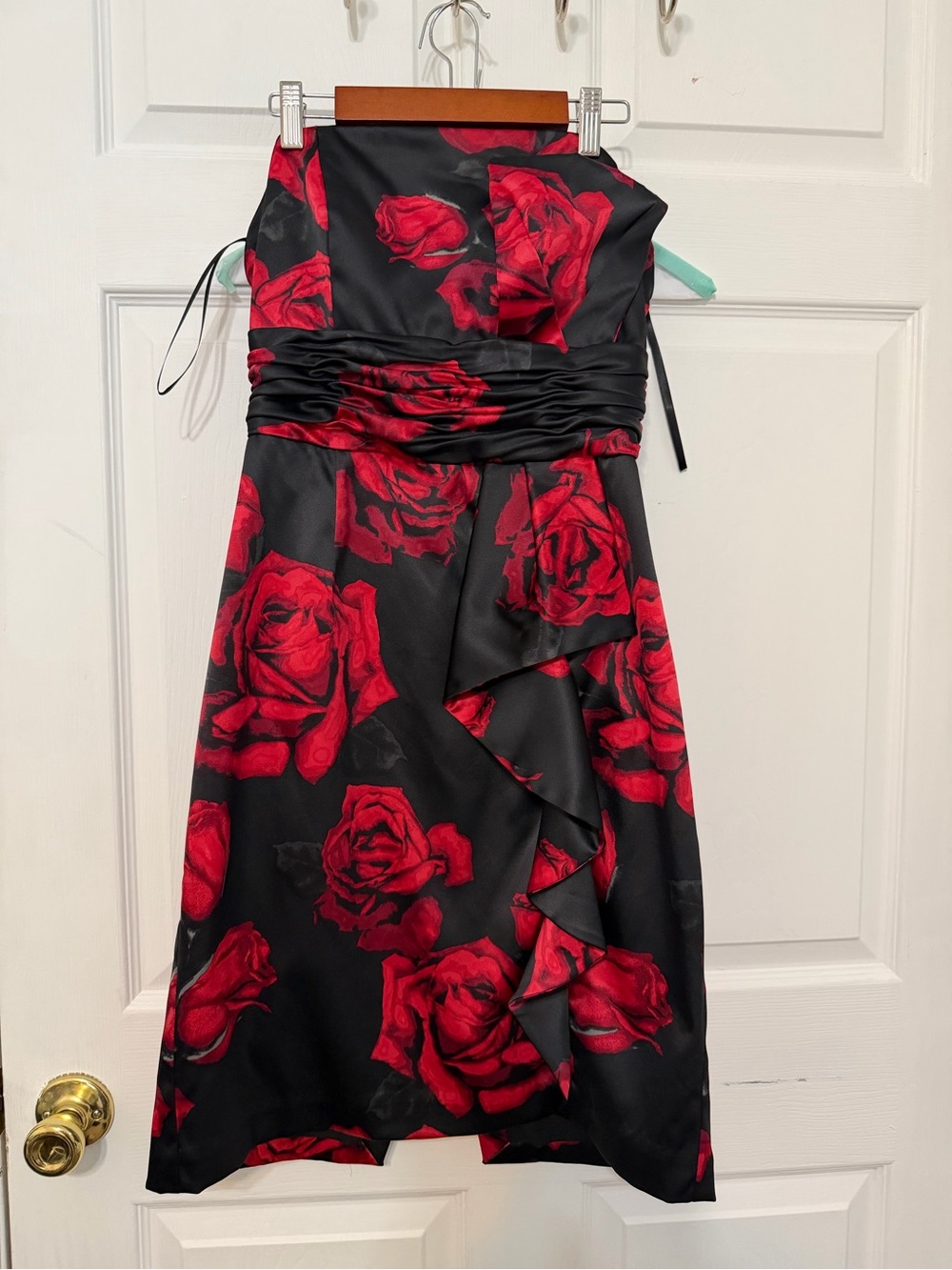 White House Black Market Black Strapless Dress with Red Rose Print